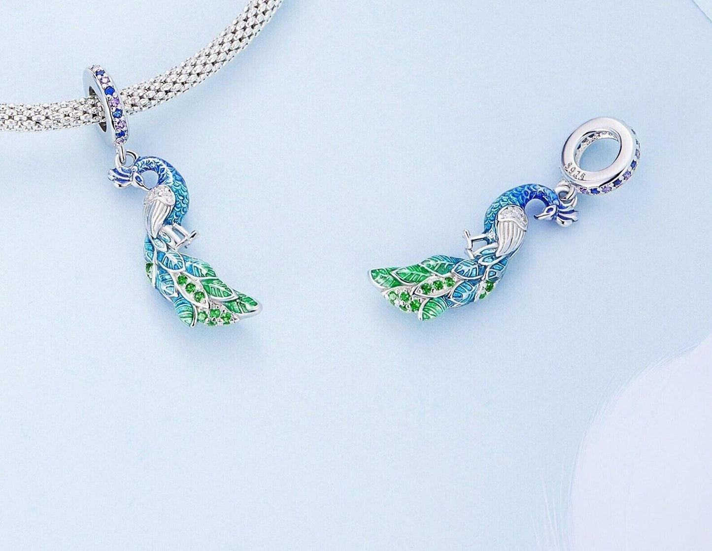Blue Peacock Dangle Charm, S925 Sterling Silver Bracelet Pendant