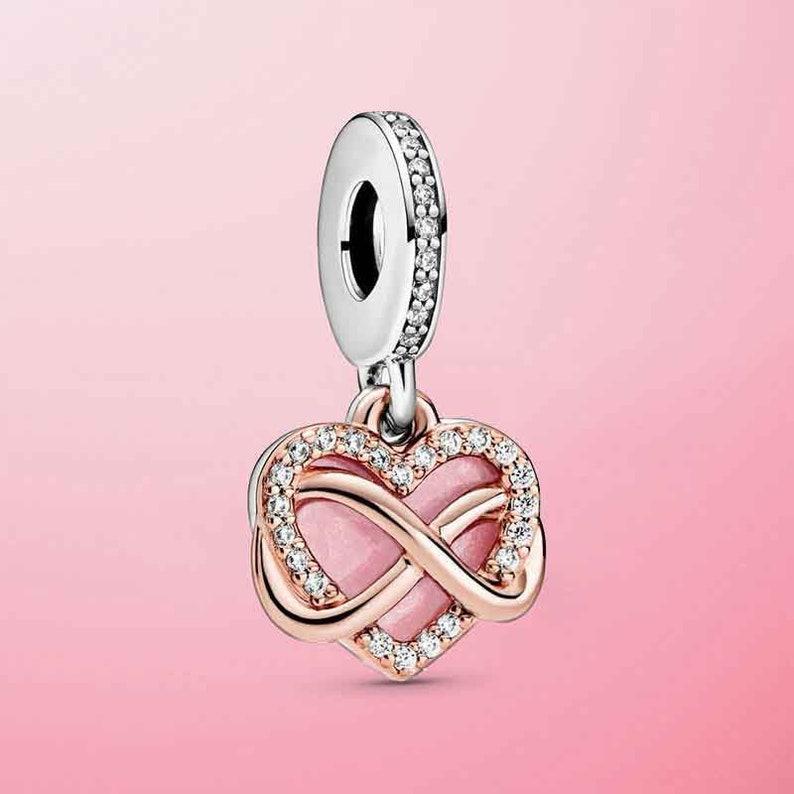 Sparkling infinity heart pink dangle bead charm for women bracelet S925 Sterling Silver Gifts For Women / friend birthday gifts Christmas