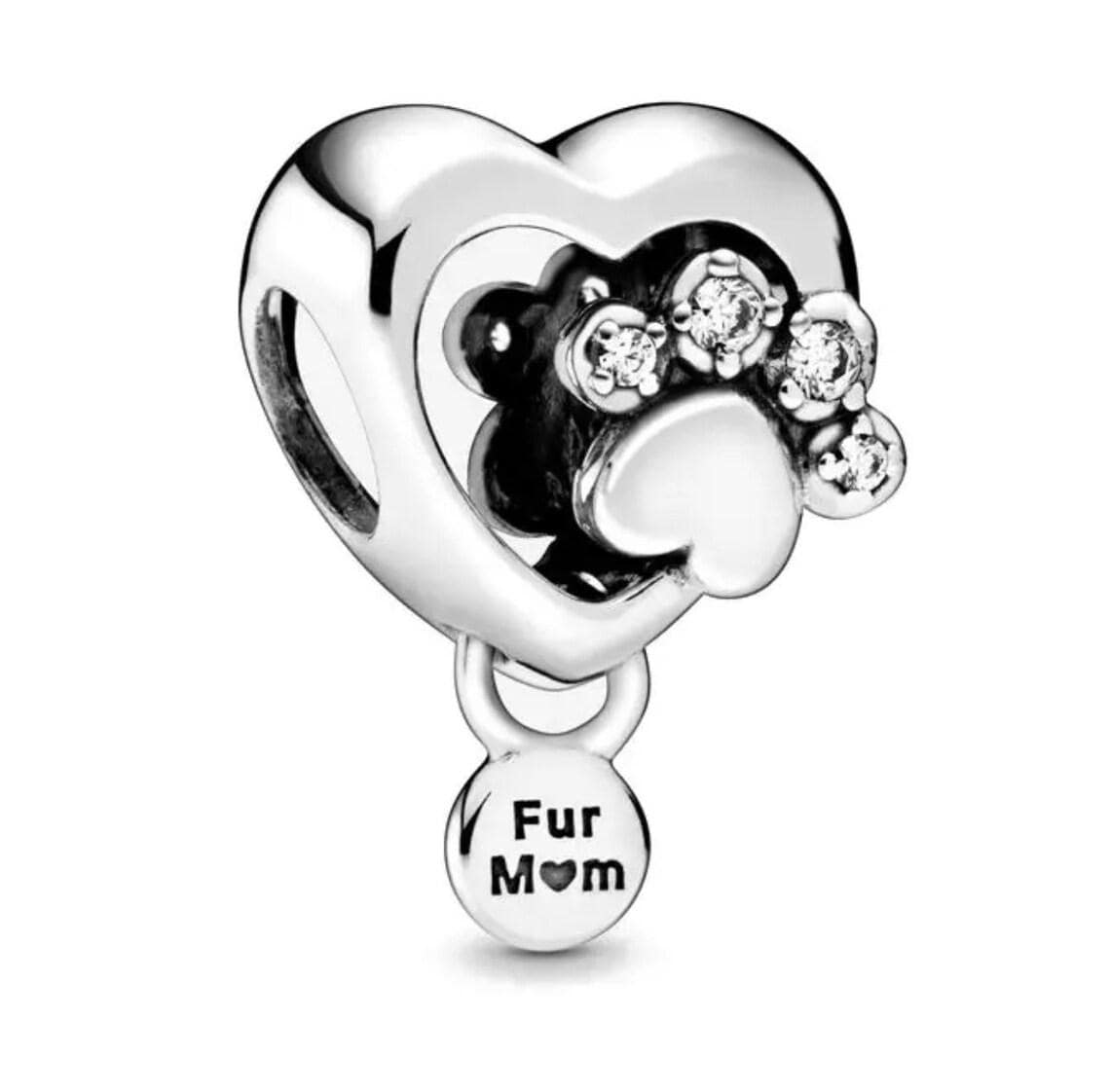 Sterling Silver Fur Mom Paw Print Heart Charm
