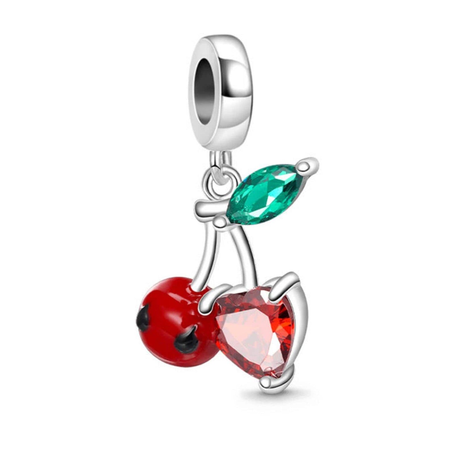 Sterling Silver Cherry Heart Leaf Dangle Charm, Snake Bracelet