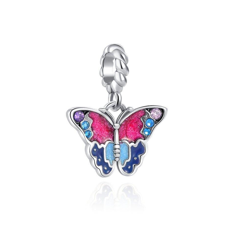 Sterling Silver Colorful Butterfly Charm, Fits 3mm/4mm Bracelet