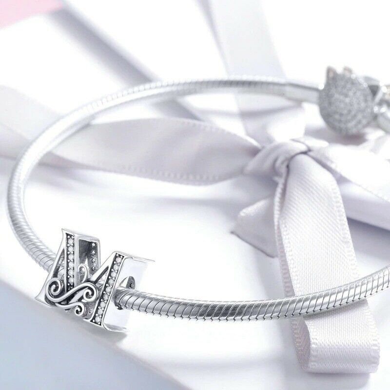 Sterling Silver Initial Charm, Cubic Zirconia Letter Bead