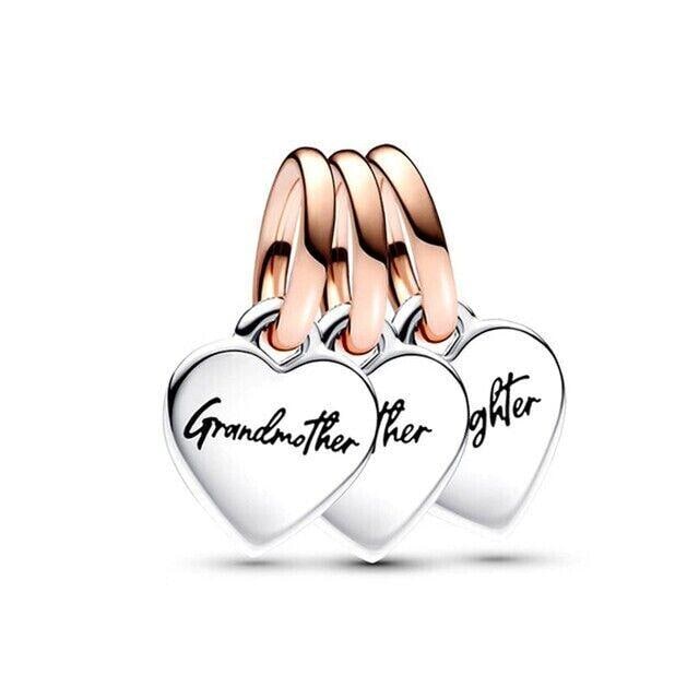 Grandmother, Mother daughter heart triple dangle charm sterling silver for women bracelet , friend birthday gift, Christmas charm