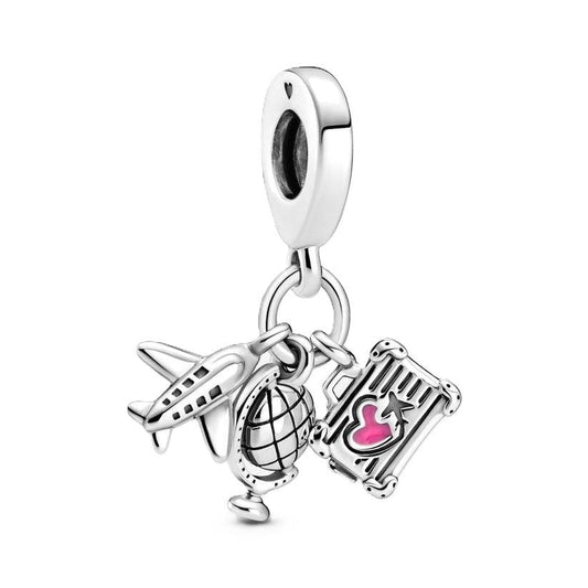 Airplane, Globe & Suitcase Travel Dangle Charm for women bracelet S925 Sterling Silver / friend birthday