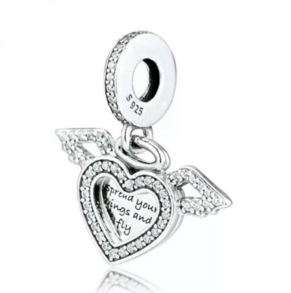 Sterling Silver Heart & Angel Wings Dangle Charm, Cubic Zirconia