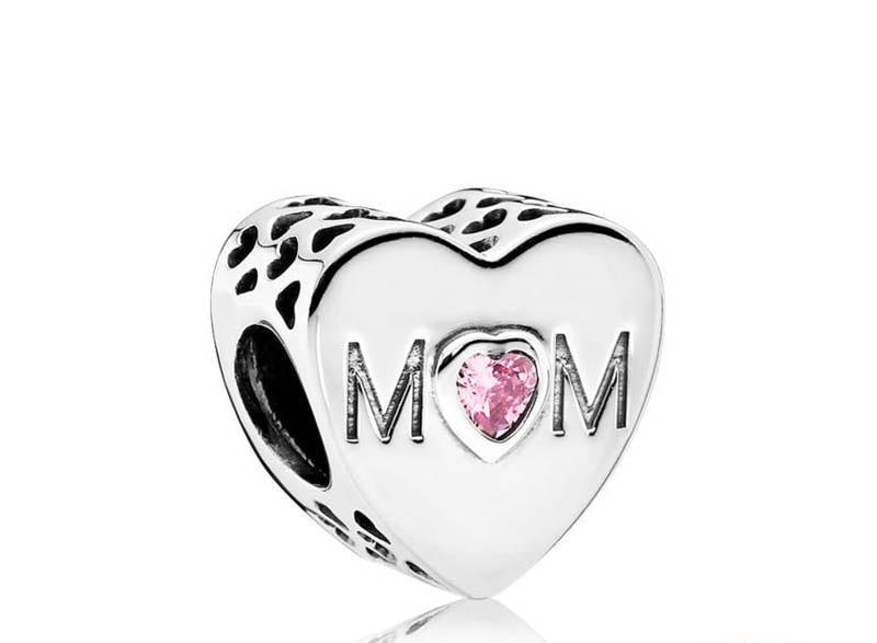 Mom Heart Charm, Pink Cubic Zirconia, S925 Sterling Silver