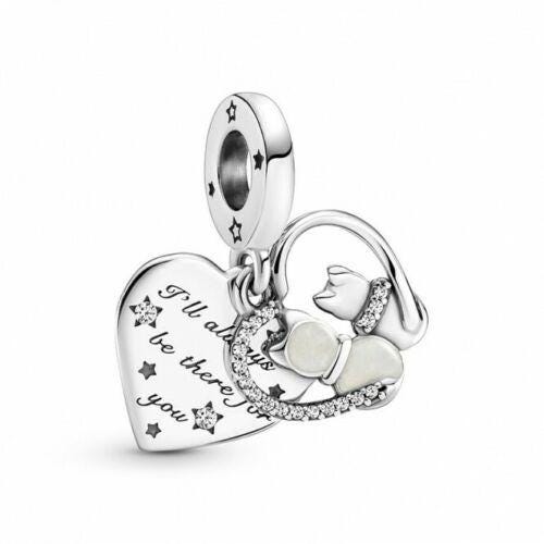 Sterling Silver Cat & Dog Heart Dangle Charm, Pet Lover Gift