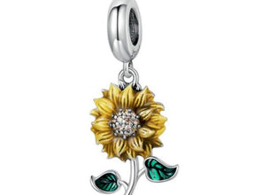 Sunflower Dangle Charm, S925 Sterling Silver Bead, Fits Snake Bracelet