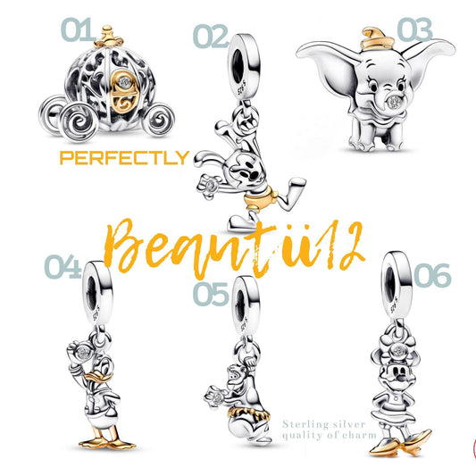 100th Anniversary Baloo, Oswald Dangle, Cinderella pumpkin Dangle charm for women bracelet S925 Sterling Silver Christmas gift, Donald Duck