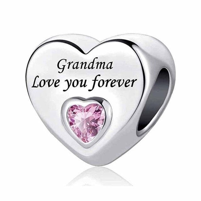 Grandma Love Sterling Silver Heart Charm with Pink Cubic Zirconia