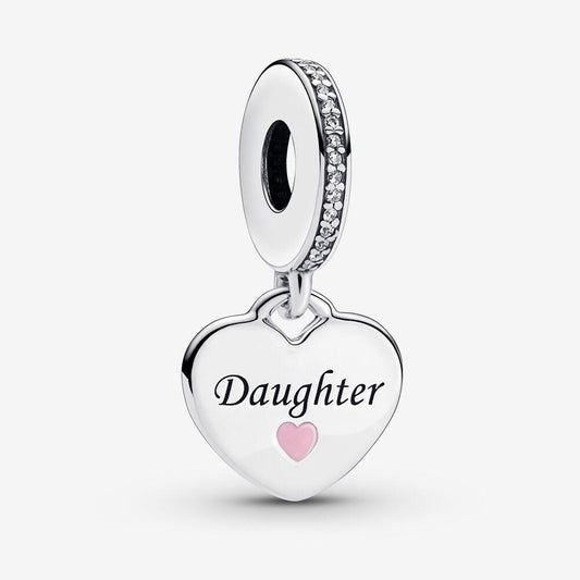 Daughter pink heart dangle charm sterling silver for women bracelet , friend birthday gift, Christmas charm