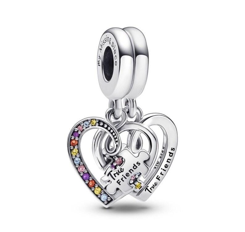 Puzzle Piece Hearts Sterling Silver Friendship Charm, Cubic Zirconia