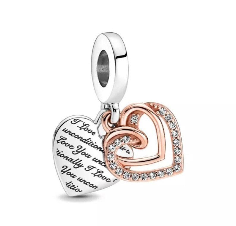 Sterling Silver Entwined Hearts Dangle Charm, Cubic Zirconia Accent