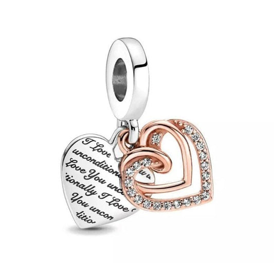 Sterling Silver Entwined Hearts Dangle Charm, Cubic Zirconia Accent