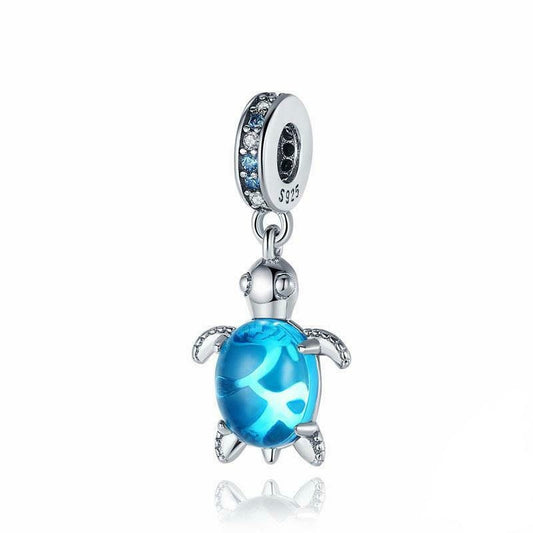 Blue Murano Glass Turtle Charm, S925 Sterling Silver