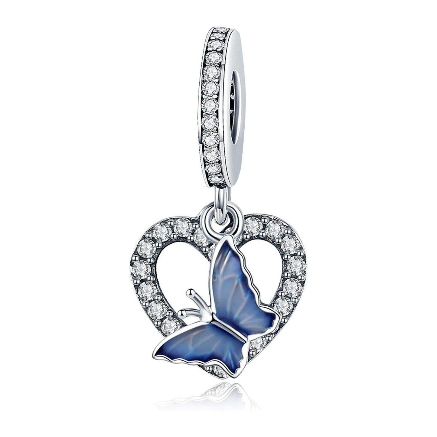 Blue Butterfly Heart Charm, S925 Sterling Silver Dangle Bead