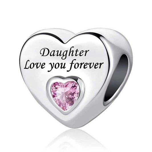 Daughter Love Sterling Silver Heart Charm, Pink Cubic Zirconia