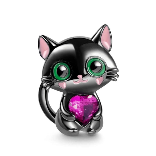 Sterling Silver Black Cat Charm with Pink Heart CZ