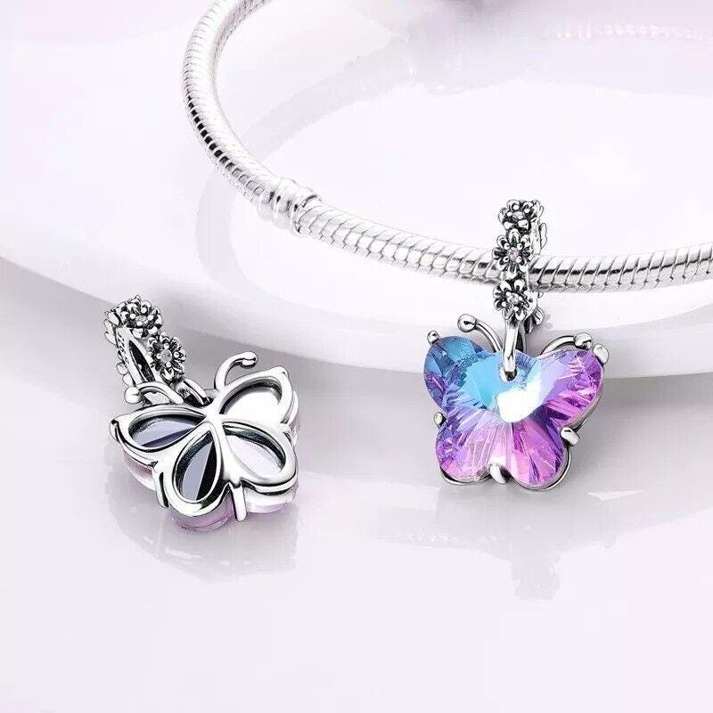 Purple Murano Glass Butterfly dangle charm for women bracelet S925 Sterling Silver Gifts For Women, friend birthday fits snake bracelet