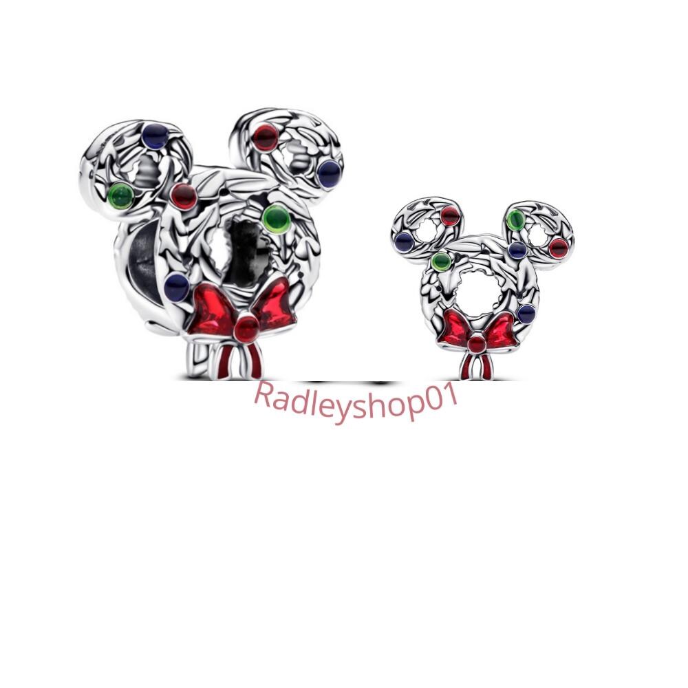 Mickey Mouse Christmas Wreath Charm, S925 Sterling Silver Dangle