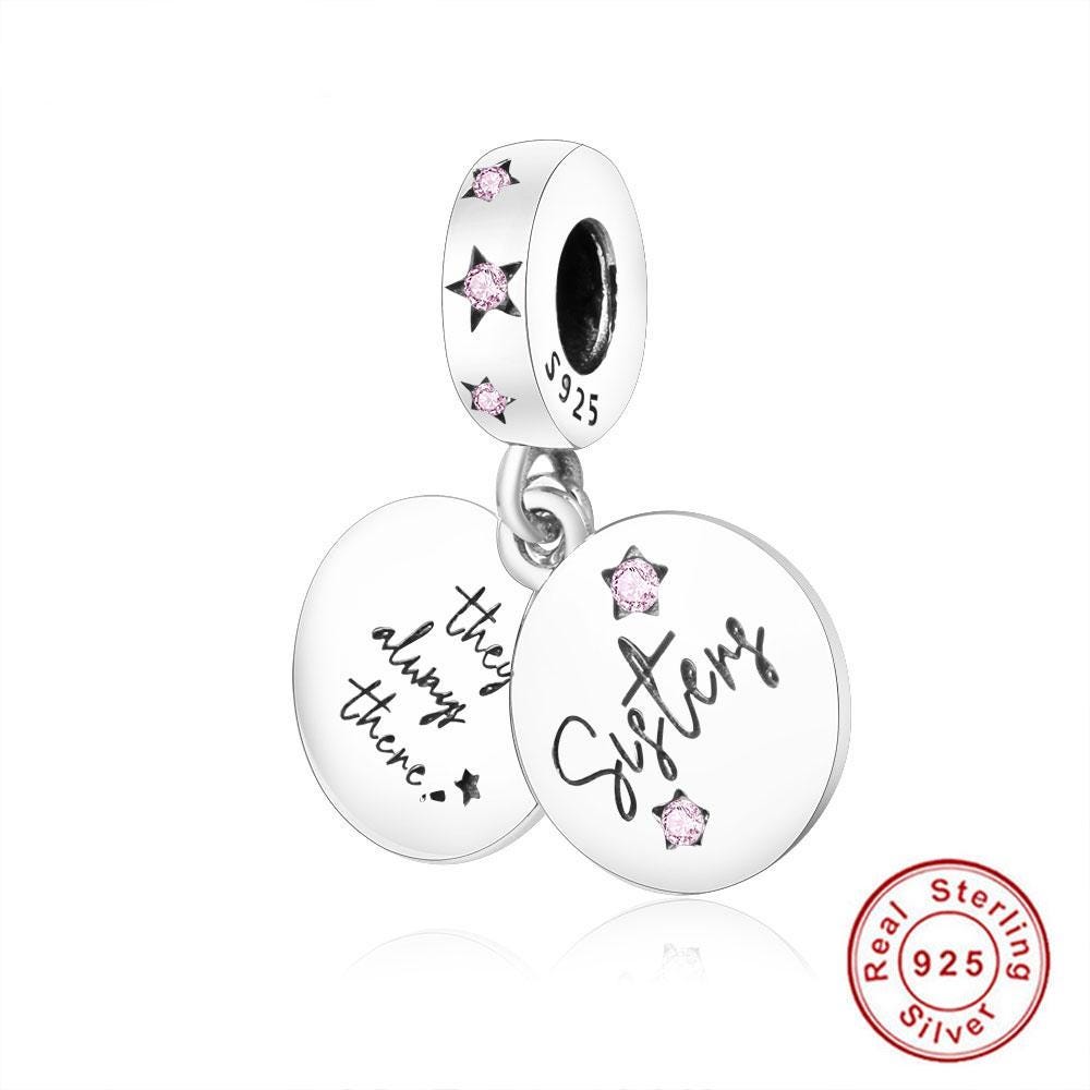 S925 Sterling Silver Sister Charm, Double Dangle Bracelet Charm