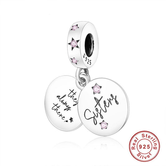 S925 Sterling Silver Sister Charm, Double Dangle Bracelet Charm