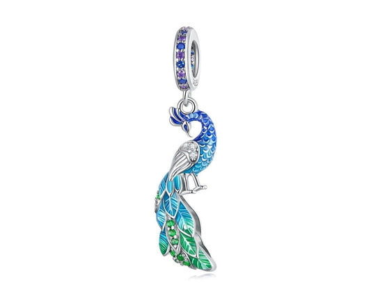 Blue Peacock Dangle Charm, S925 Sterling Silver Bracelet Pendant