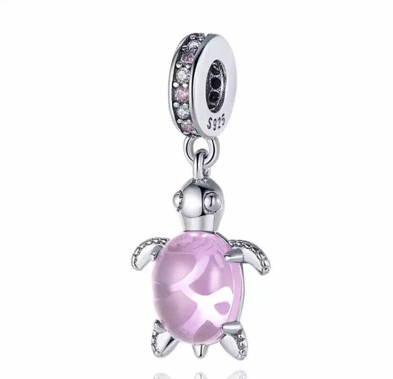 Pink Murano Glass Turtle Charm, S925 Sterling Silver, Snake Bracelet