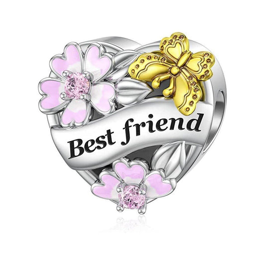 Best Friend Flower & Butterfly Heart  charm for women bracelet S925 Sterling Silver Gifts For Women / friend birthday gifts