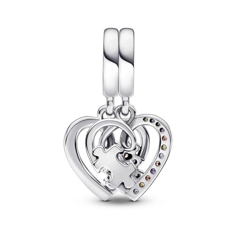 Puzzle Piece Hearts Sterling Silver Friendship Charm, Cubic Zirconia