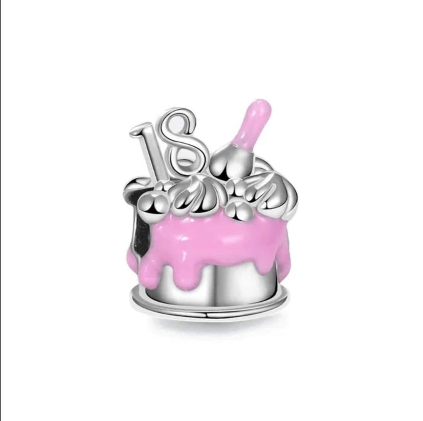 18th Birthday Cake Charm: Pink Enamel, S925 Sterling Silver