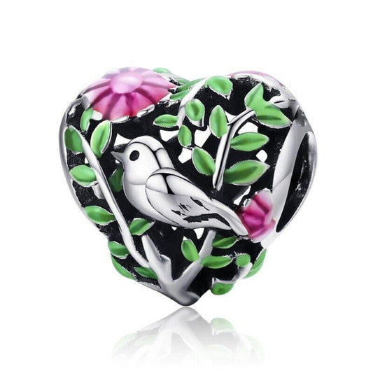 Sterling Silver Bird Heart Charm with Green Leaf Detail
