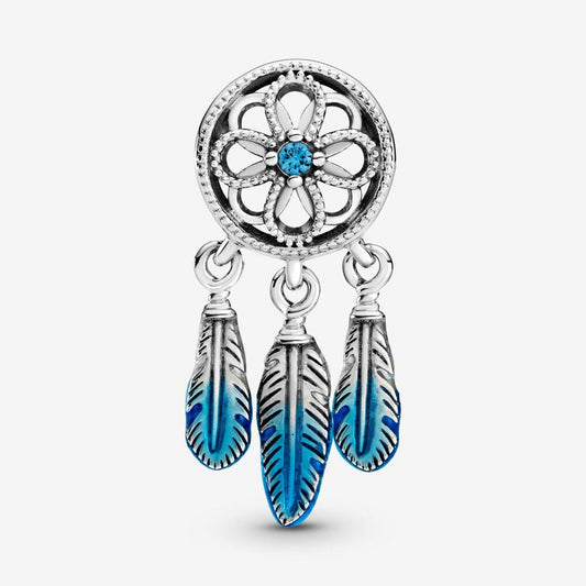 Blue Dreamcatcher Feather Dangle Charm, Sterling Silver Bracelet Charm