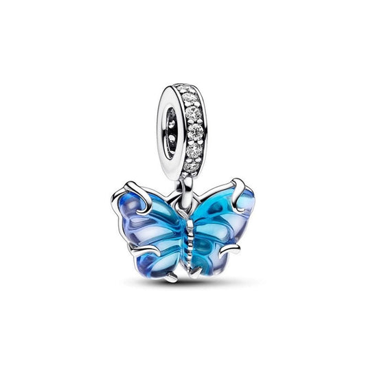 Blue Murano Glass Butterfly dangle charm for women bracelet S925 Sterling Silver Gifts For Women, friend birthday fits snake bracelet