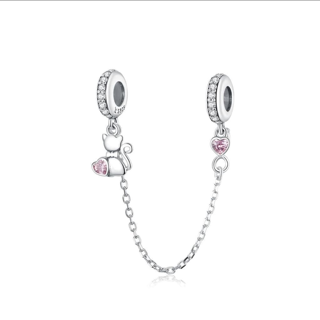 Pet Cat Heart Safety Chain bead charm for women jewelry bracelet S925 Sterling Silver friend birthday gifts, mother, daughter, niece ,mom