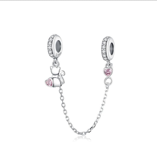 Pet Cat Heart Safety Chain bead charm for women jewelry bracelet S925 Sterling Silver friend birthday gifts, mother, daughter, niece ,mom