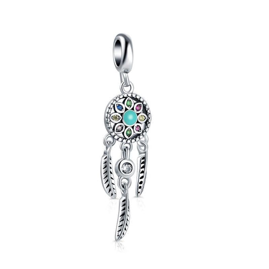 Sterling Silver Dreamcatcher Charm, Colorful Feather Dangle