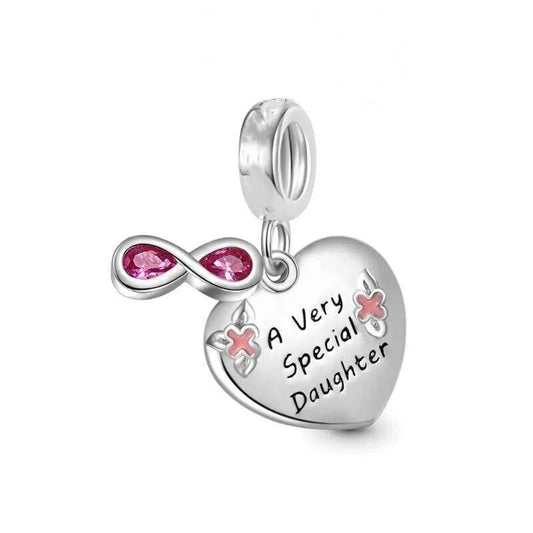 Daughter Heart Charm, S925 Sterling Silver, Pink Cubic Zirconia