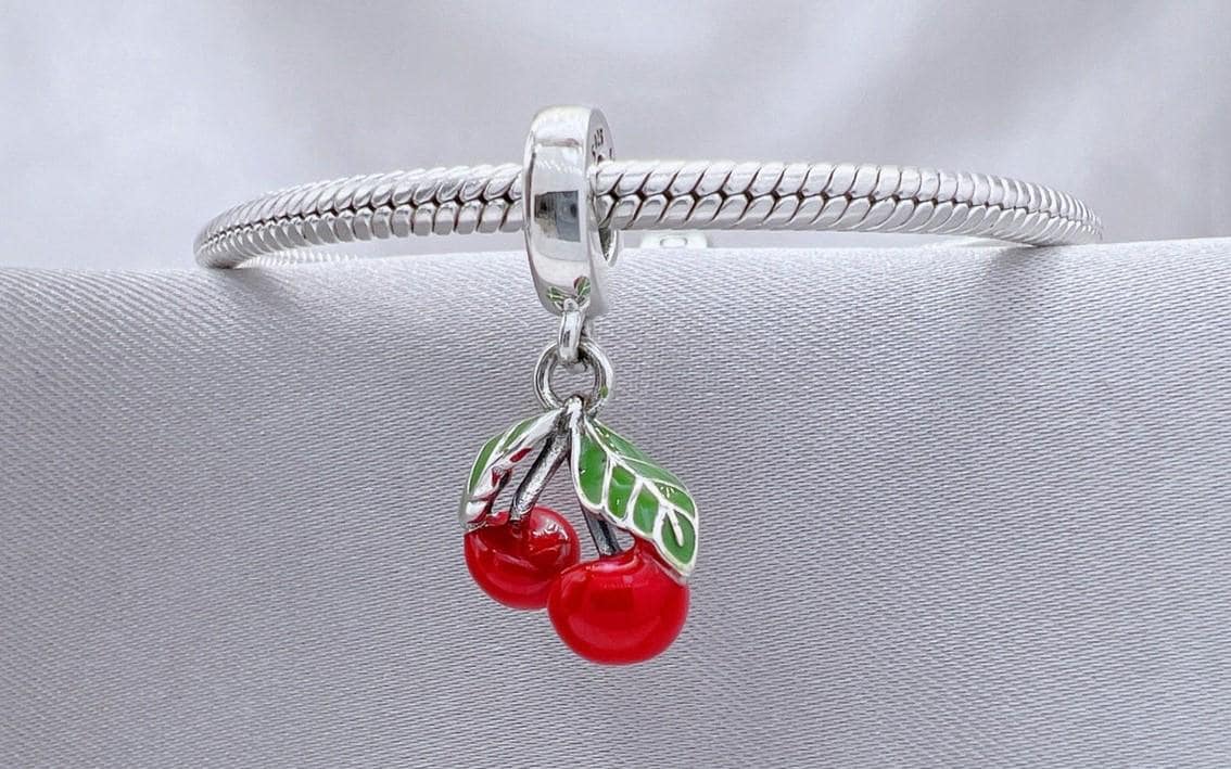 Sterling Silver Red Cherry Charm with Leaf for Bracelet