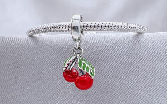 Sterling Silver Red Cherry Charm with Leaf for Bracelet