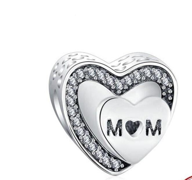 Sparkling Mom Heart Charm, S925 Sterling Silver