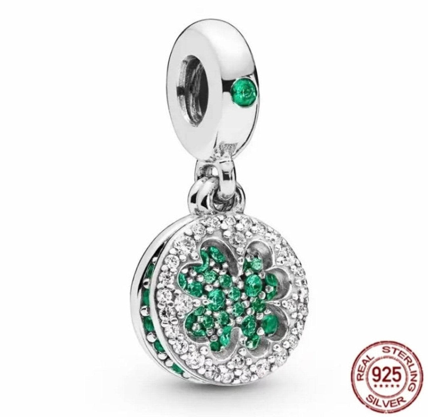 Lucky Clover Dangle Charm, S925 Sterling Silver, Cubic Zirconia