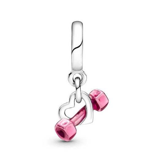 Dumbbell and Heart Dangle charm for women bracelet S925 Sterling Silver Gift, friend birthday gift, fits snake bracelet, Christmas charm