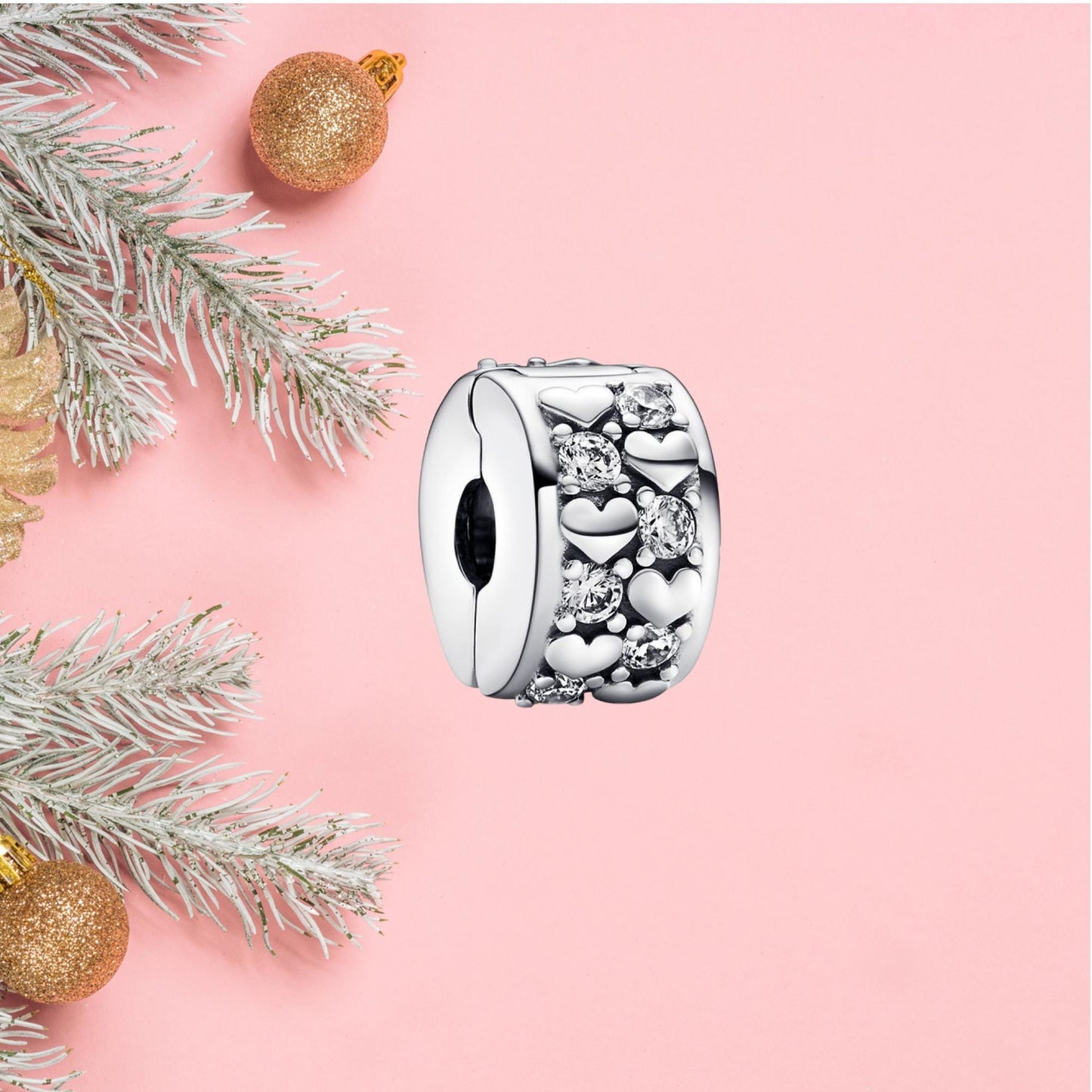 Heart Clip Sterling Silver Charm, Cubic Zirconia Accents