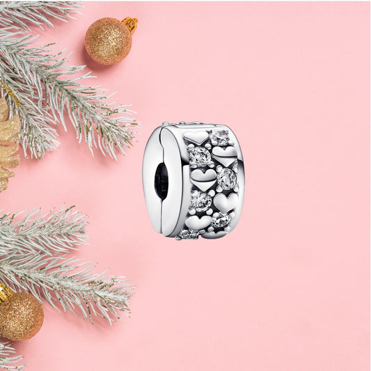 Heart Clip Sterling Silver Charm, Cubic Zirconia Accents