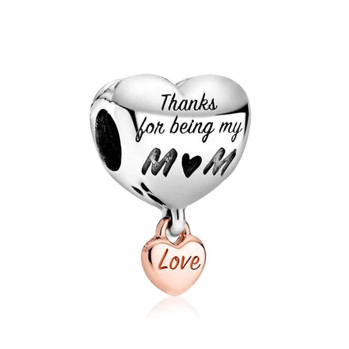 Sterling Silver 'Thanks Mom' Heart Charm for Bracelet