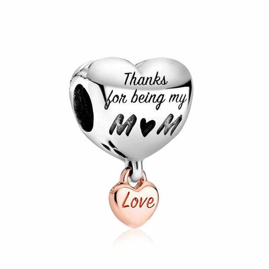Sterling Silver 'Thanks Mom' Heart Charm for Bracelet