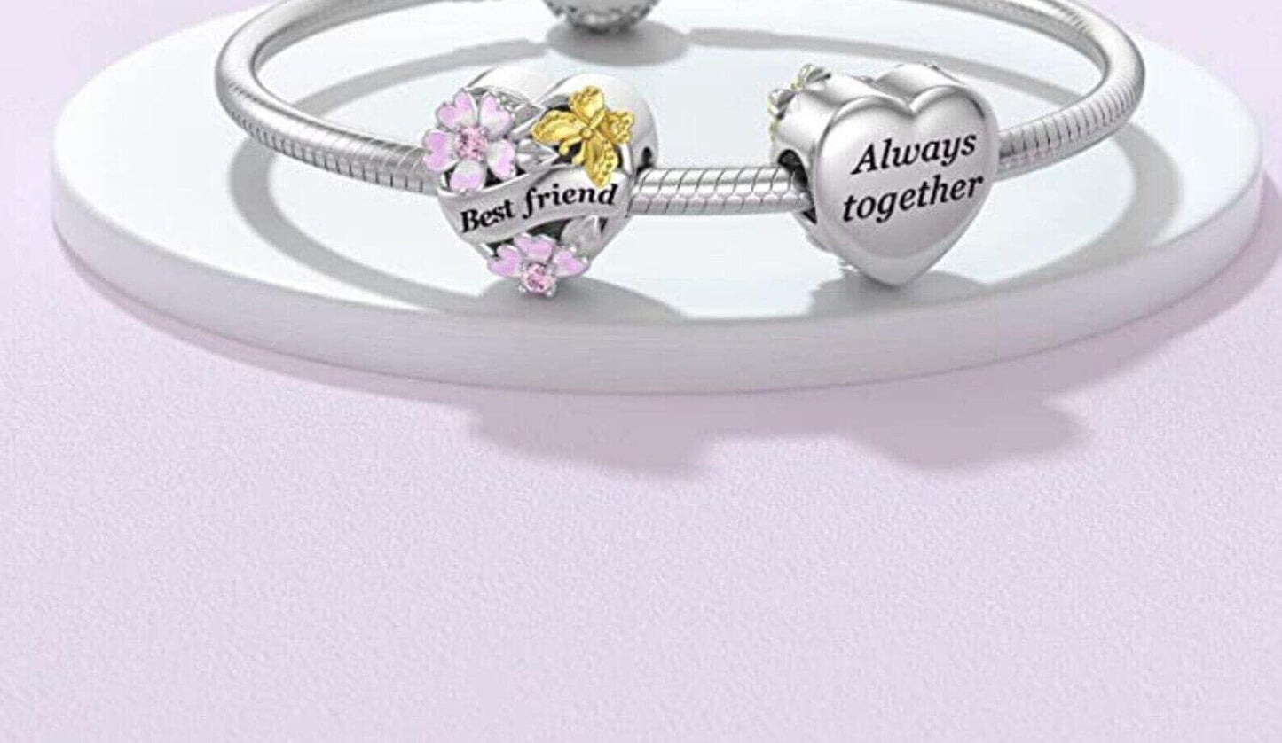 Best Friend Flower & Butterfly Heart  charm for women bracelet S925 Sterling Silver Gifts For Women / friend birthday gifts