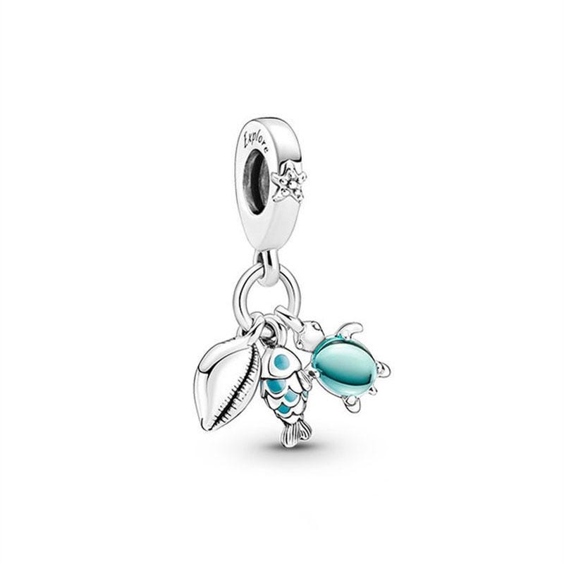 Fish sea Turtle conch triple dangle , Auntie Edna, Murano Glass octopus charm for women bracelet S925 Sterling Silver Gifts, friend birthday