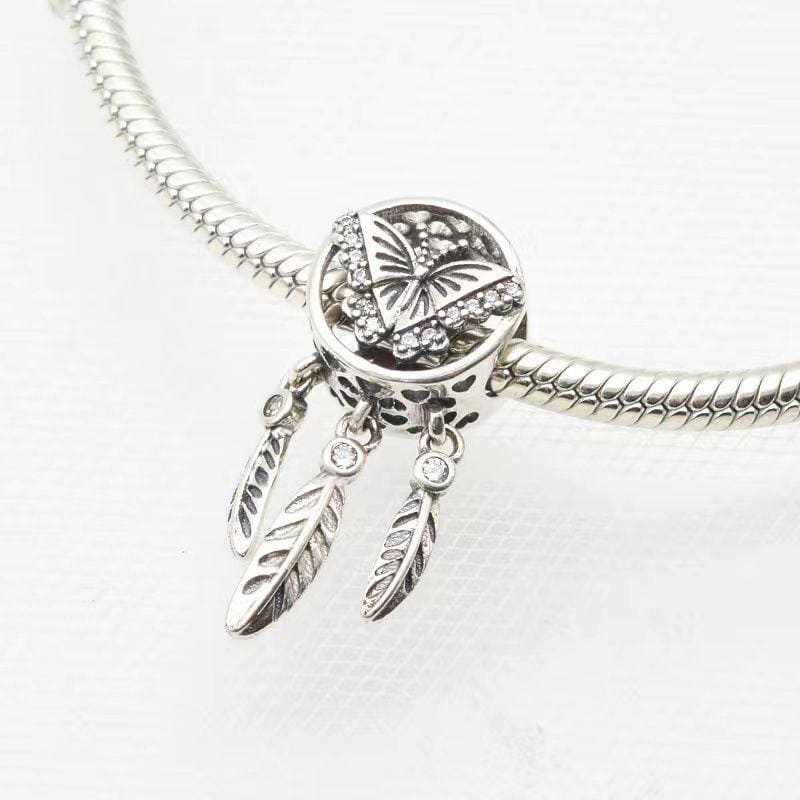 Sterling Silver Butterfly Dream Catcher Charm, Feather Dangle